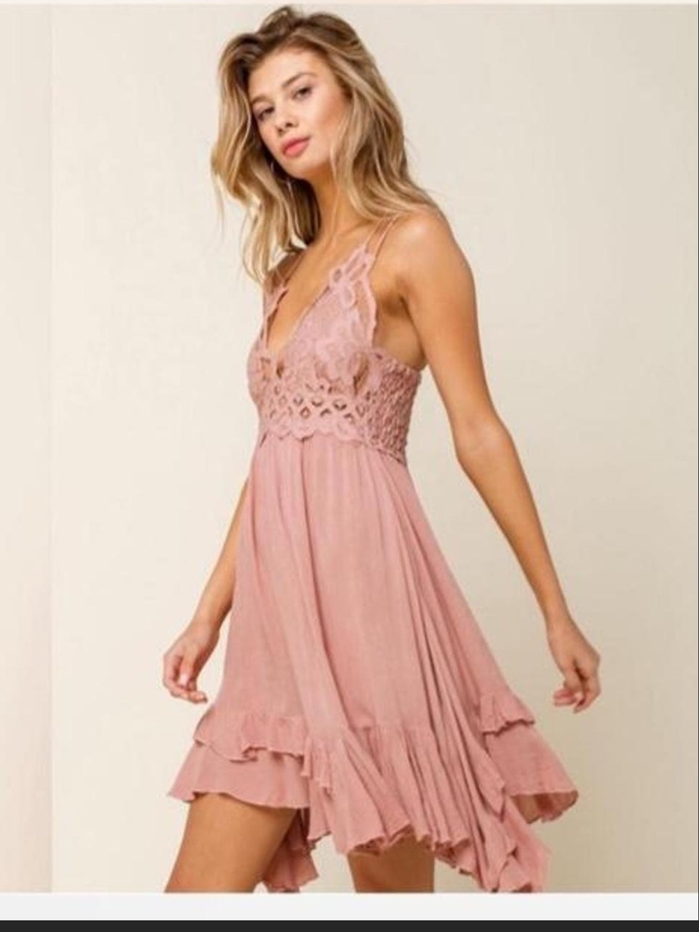 Free People Dusty Rose Lace-Trim Mini Dress